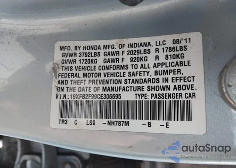 2012 Honda Civic Ex-L from USA, damaged, VIN 19XFB2F99CE306695